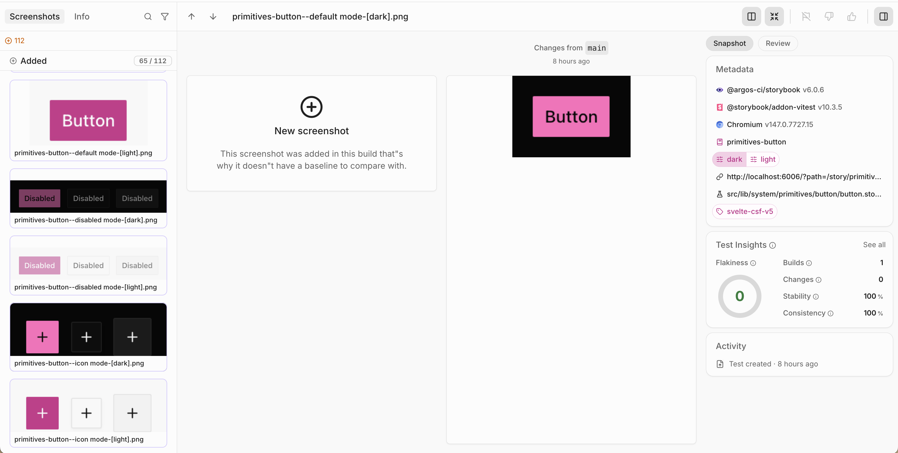 Argos build review showing Button primitive in dark mode