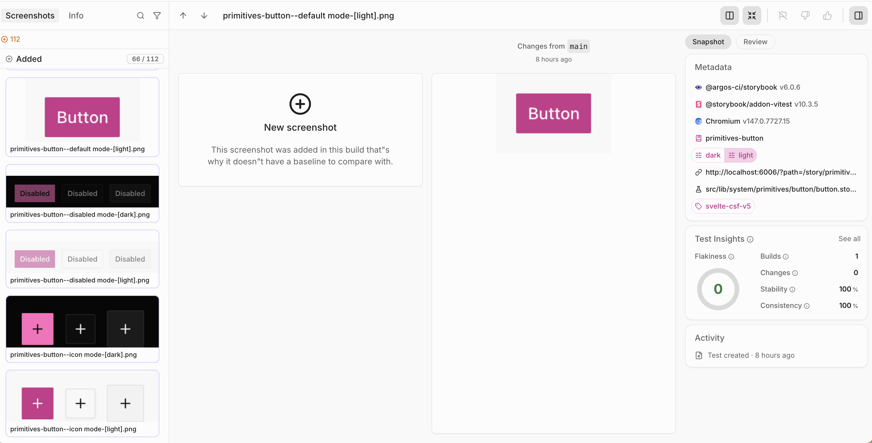 Argos build review showing Button primitive in light mode