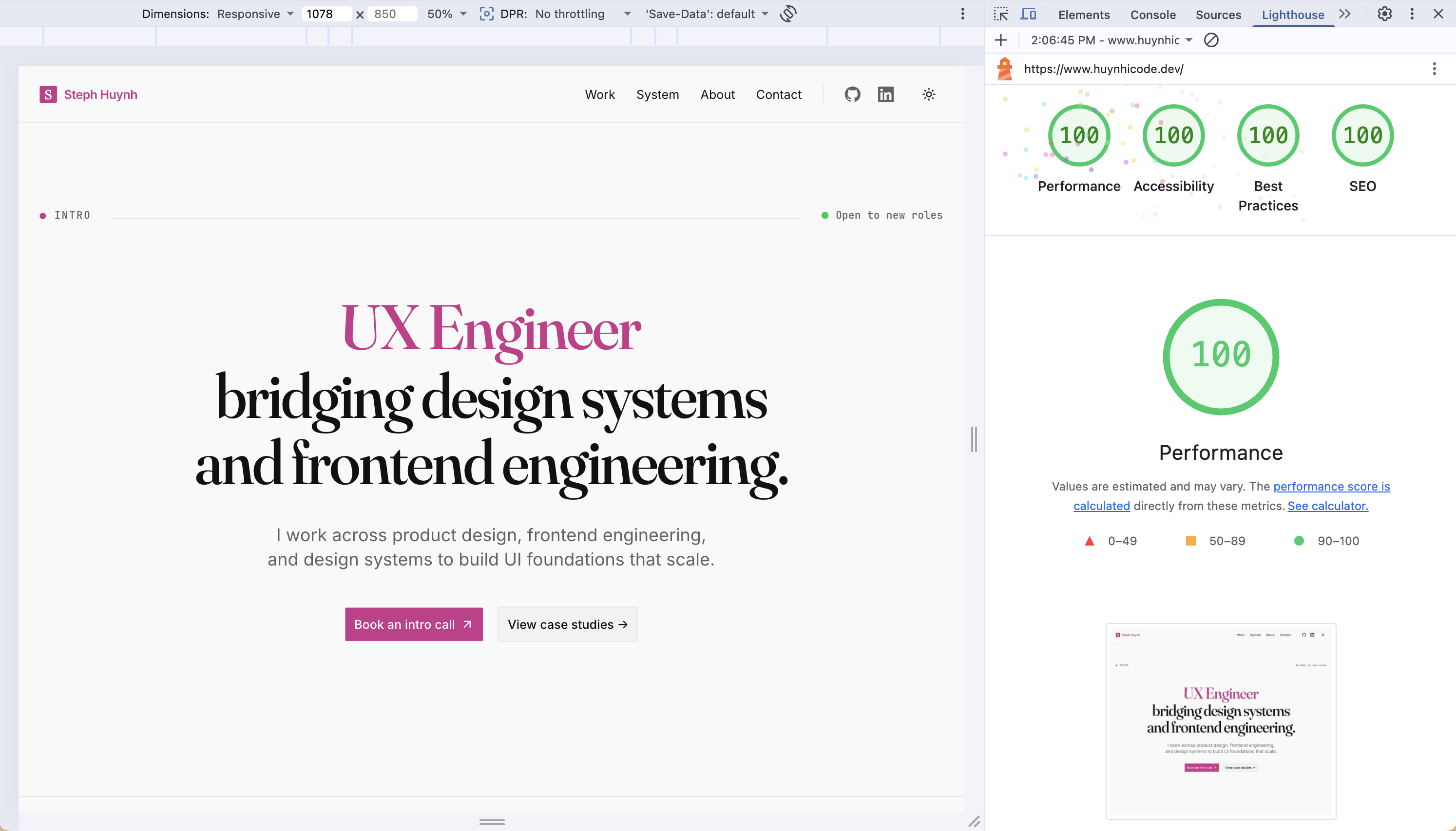 Portfolio Lighthouse report screenshot