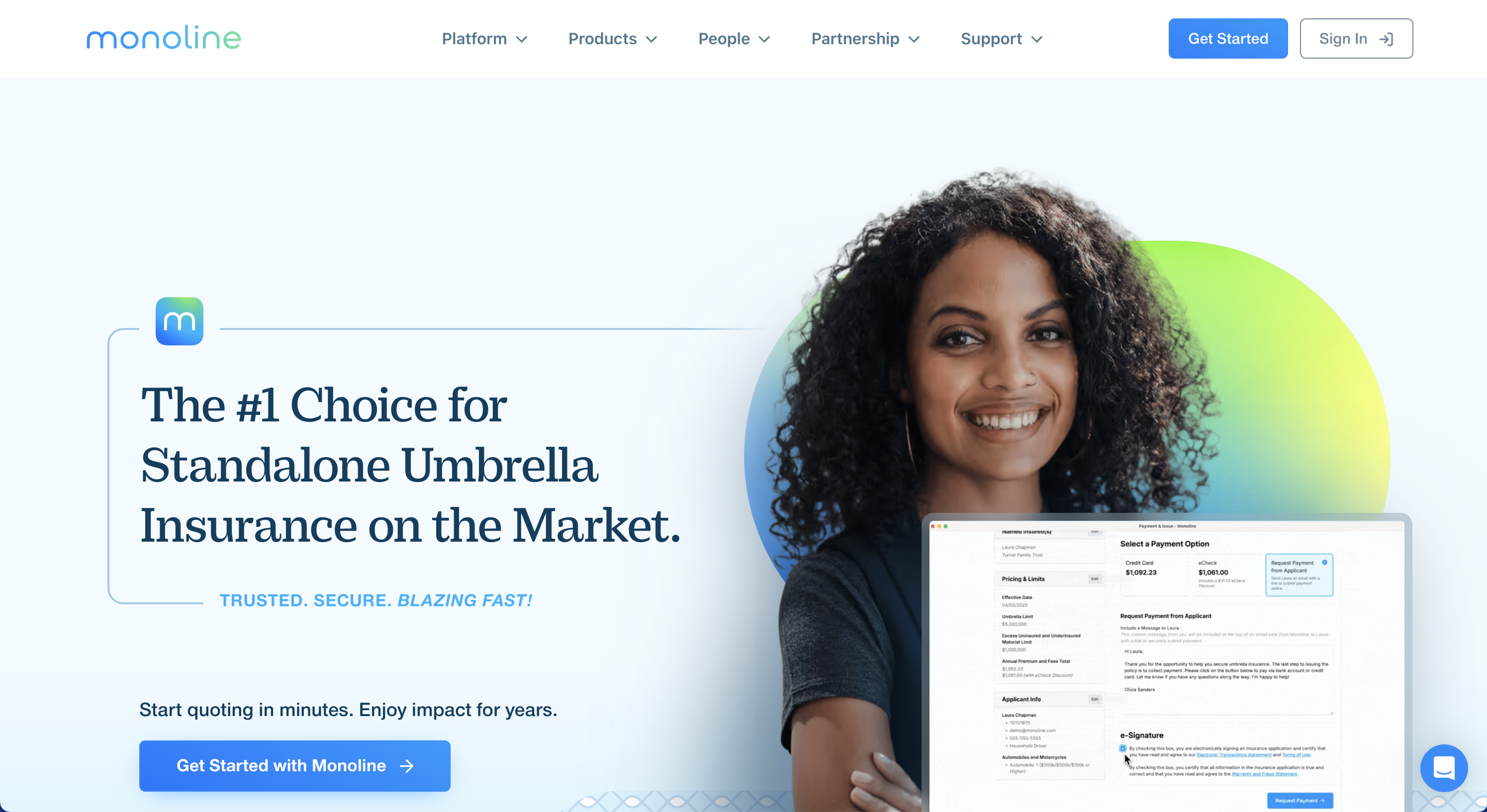 Monoline insurance platform screenshot